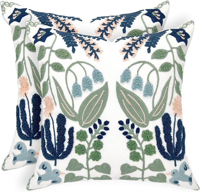Alysheer Summer Floral Embroidered Decorative Throw Pillow Covers 18"x 18" Set of 2, Farmhouse Navy Blue Flowers Green Leaves Tufted Patterned Cotton Cushion Cases for Couch Bed Living Room Decor
