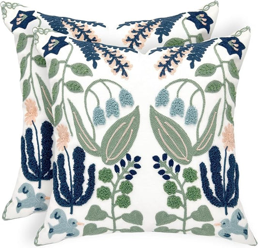 Alysheer Summer Floral Embroidered Decorative Throw Pillow Covers 18"x 18" Set of 2, Farmhouse Navy Blue Flowers Green Leaves Tufted Patterned Cotton Cushion Cases for Couch Bed Living Room Decor