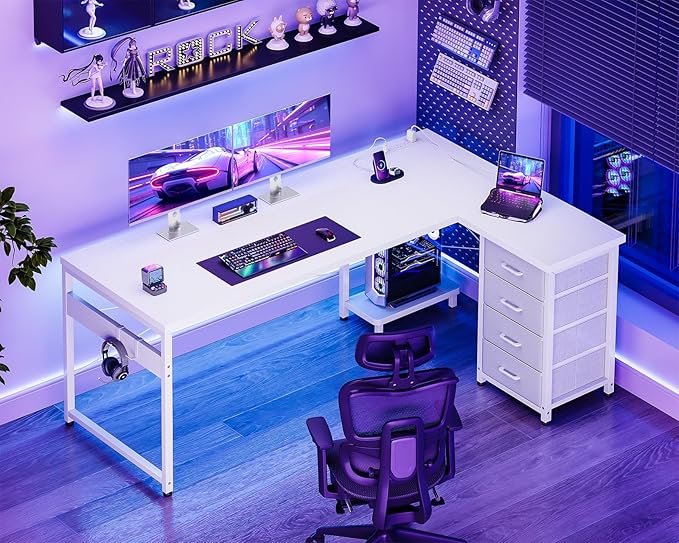 AODK L Shaped Desk with 4 Tier Drawers, 61" Reversible Gaming Desk with Power Outlets, L Shaped Computer Desk with USB Charging Port and Host Stand, Home Office Corner Desk, Easy to Assemble, White