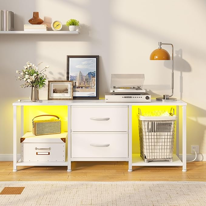 White TV Stand with LED for TVs up to 55 Inch, Coffee Table with 2 Fabric Drawers and 2 Open Storage Shelves, Entertainment Center TV Console for Living Room, Bedroom, Wood Top, Metal Frame