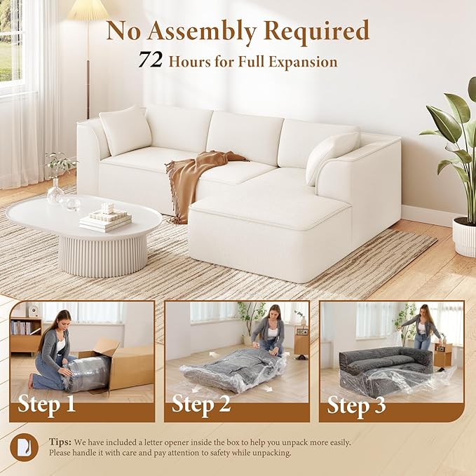 Vesgantti 106" Boneless Couch with Chaise, Deep Seat Cloud Sofa Sectional, Chenille Memory Foam Modular Couches for Living Room, No Assembly Required (Creamy Beige, Right-Facing Chaise)