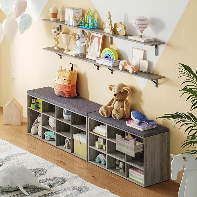 DINZI LVJ Shoe Bench, 12 Cubbies Shoe Organizer for Entryway, Storage Bench with Cushion, Cubby Shoe Rack with Adjustable Shelves for Living Room, Bedroom, Mudroom, Hallway, Gray Wash