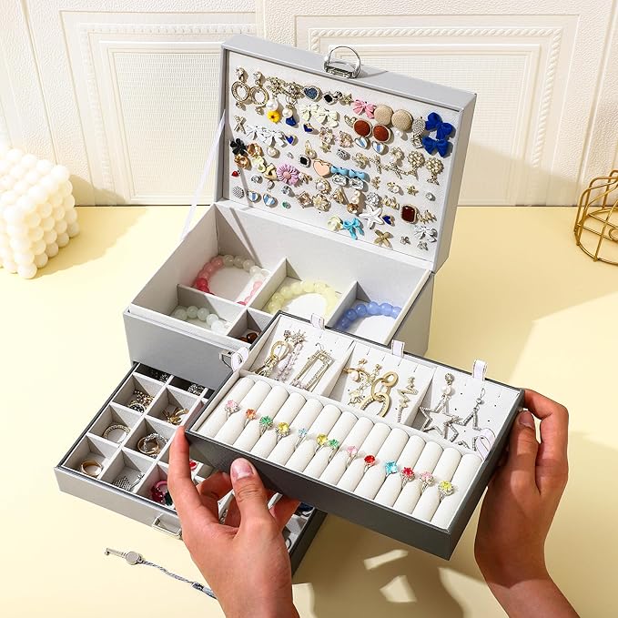 BOOVO Earring Jewelry Box For Women Girl Stud Organizer, 5 Layers Girl Jewelry Organizer Box With Lock Earring Holder Organizer Necklace Ring Jewelry Organizer Box For Girls (grey)