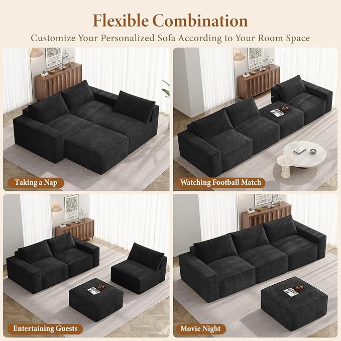 Vesgantti 114" Modular Sectional Boneless Couch, Modern 3 Seater Sofa with Ottoman & Deep Seat, Convertible Chenille L Shaped Cloud Couches for Living Room, No Assembly Required, Black