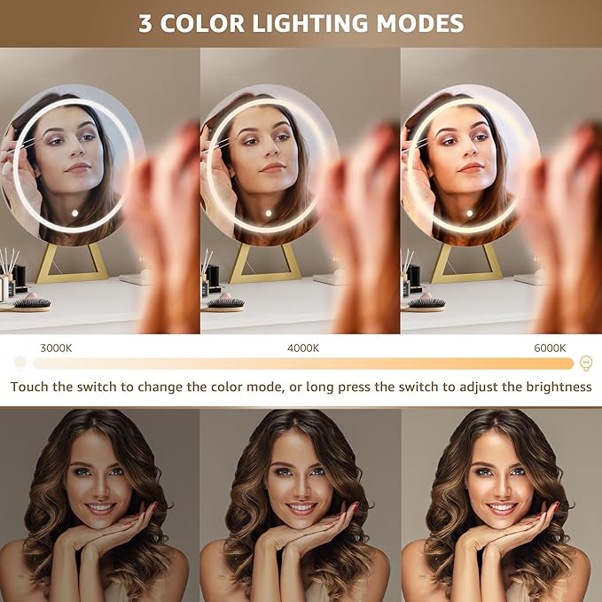 Makeup Vanity Desk with Mirror and Lights - Girls White and Gold Vanity Table Set with Chair, Fabric Drawers, Power Outlet, Small Modern Make Up Dressing Table for Bedroom