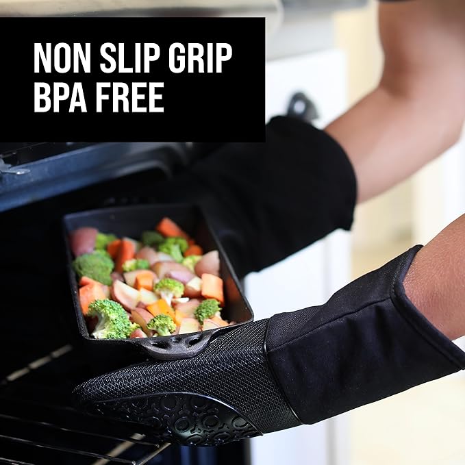 BPA-Free Silicone Oven Mitts Ultra Heat Resistant up to 500°F - Oven Mitts with Thick Cotton Liner - Long Slip Resistant Pot Holders, Flexible Oven Gloves - Black 13.7"