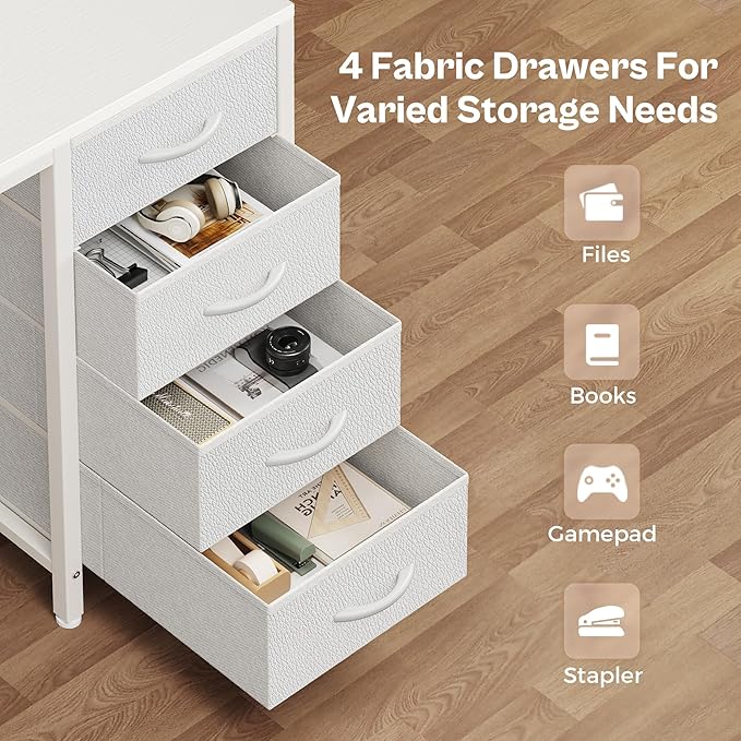 Huuger 55 inch Computer Desk with 4 Drawers, Gaming Desk with LED Lights & Power Outlets, Home Office Desk with Large Storage Space for Bedroom, Work from Home, White