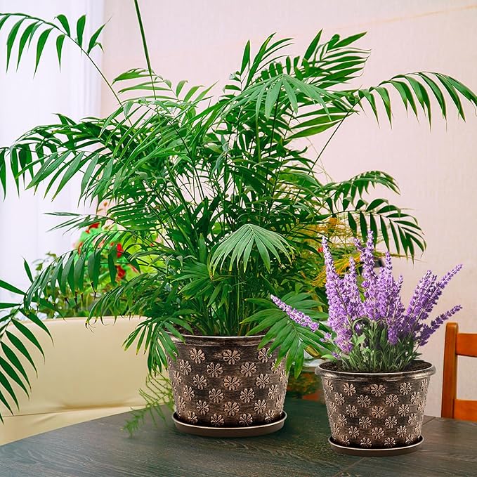 8 Inch Planter Pots for Plants, Plastic Flower Pots Indoor Outdoor, 5 Pack Resin Plant Pot with Drainage & Saucer, Retro Decorative Garden Pot with Removable Trays for House