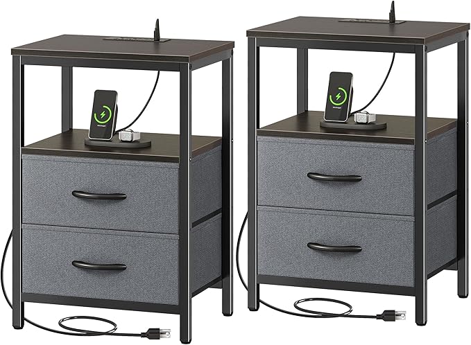 Huuger Nightstands Set of 2, End Tables with Charging Station, Fabric Drawers, Bedside Tables with USB Ports and Outlets, Night Stands for Bedroom, Walnut, 8695NC