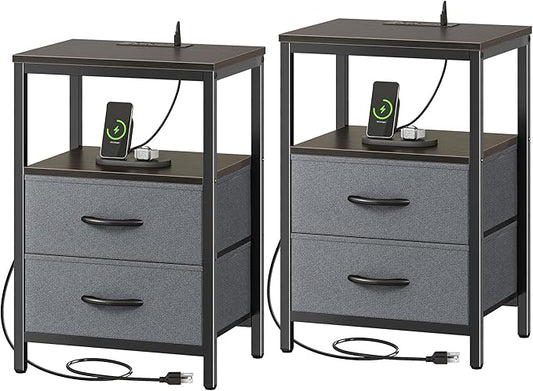 Huuger Nightstands Set of 2, End Tables with Charging Station, Fabric Drawers, Bedside Tables with USB Ports and Outlets, Night Stands for Bedroom, Walnut, 8695NC