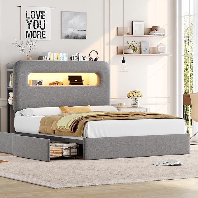 HOSTACK Queen LED Bed Frame with Storage Headboard and Charging Station, Boys Bed Frame with 2 Drawers and USB Ports, Velvet Upholstered Platform Bed Frame with Bookcase, No Box Spring Needed, Grey