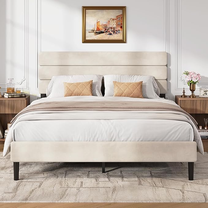 WLIVE Queen Size Upholstered Bed Frame, Velvet Square Tufted Headboard, Sturdy Metal & Wooden Slats Support, No Box Spring Needed, Beige