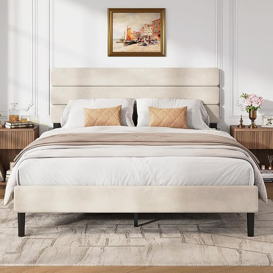 WLIVE Queen Size Upholstered Bed Frame, Velvet Square Tufted Headboard, Sturdy Metal & Wooden Slats Support, No Box Spring Needed, Beige