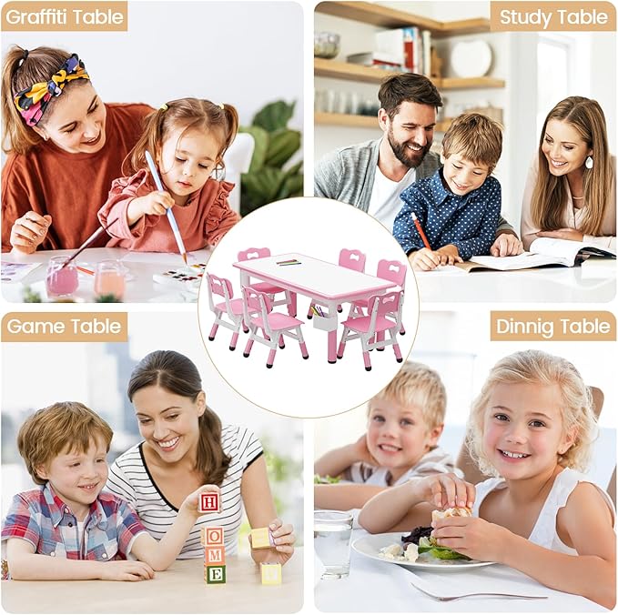 GAOMON Kids Table and 6 Chair Set with Storage Box, Height Adjustable Toddler Table and Chairs Set for Ages 2-10, Graffiti Desktop, Non-Slip Legs, Children Activity Table for Daycare Classroom Home