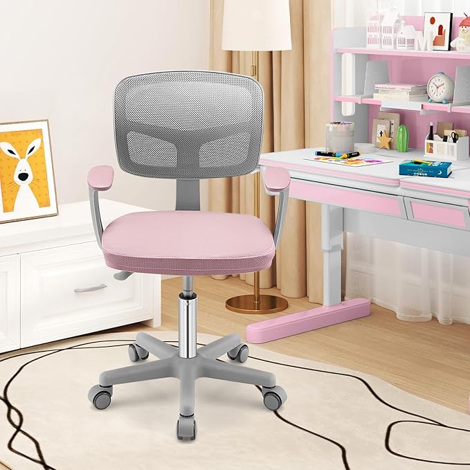 Giantex Kids Desk Chair, Children Computer Chair with Wheels and Y-Shaped Lumbar Support, Mesh Kids Study Seating, Height Adjustable Desk Chair for Girls Boys Aged 4-13, Pink