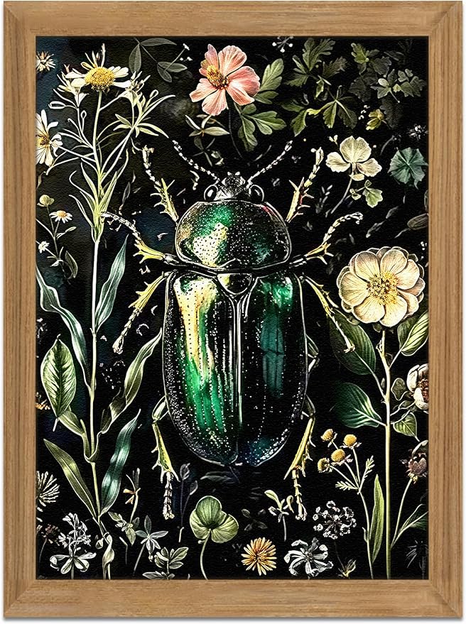 Framed Vintage 3D Textured Wall Art - Gothic Dark College Beetle Wall Decor - Hand Drawn Sandstone Nature Botanical Pictures for Living Room Bedroom Home Decor 12x16in