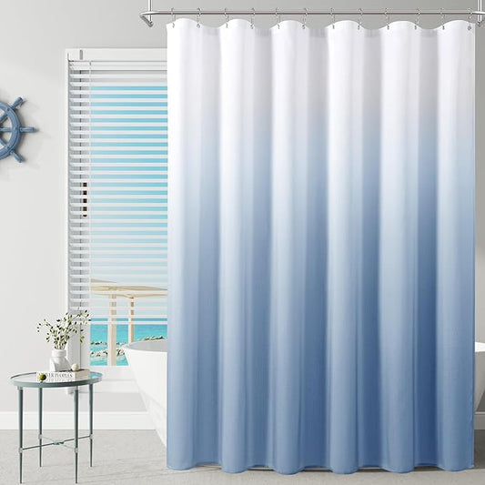 Blue Grey Shower Curtains for Bathroom, Ombre Textured Fabric Shower Curtain Set, Hotel Spa Luxury with 12 Hooks, Machine Washable, Decorative Bathroom Curtain Blue Grey 72 x 72