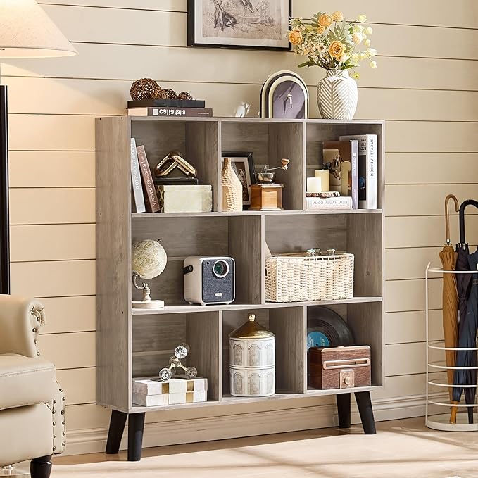 LEYAOYAO 8 Cube Bookshelf,3 Tier Bookcase with Legs,Modern Grey Mid-Century Bookshelves,Large Farmhouse Open Storage Organizer Shelf, Retro Wooden Display Book Case for Bedroom,Living Room,Office