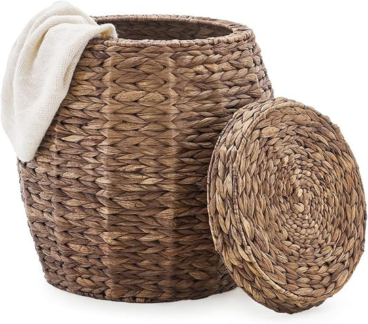 Round Wicker Basket with Lid, Handwoven Hyacinth Storage Basket, Blanket Organizer Basket for Laundry, Bathroom, Bedroom, Living Room, Office