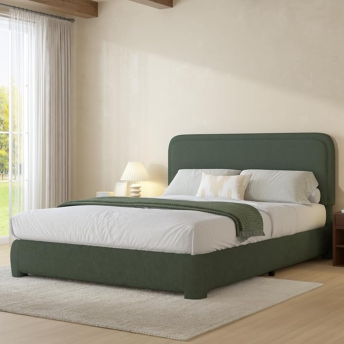 BarnFurin Queen Bed Frame with Headboard, Boucle Upholstered Platform Bed with Wood Slats, Soft Rounded Corners, No Box Spring Required, Easy Assembly, Green