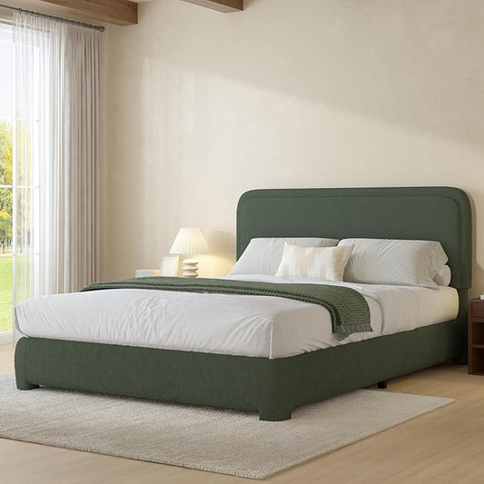 BarnFurin Queen Bed Frame with Headboard, Boucle Upholstered Platform Bed with Wood Slats, Soft Rounded Corners, No Box Spring Required, Easy Assembly, Green