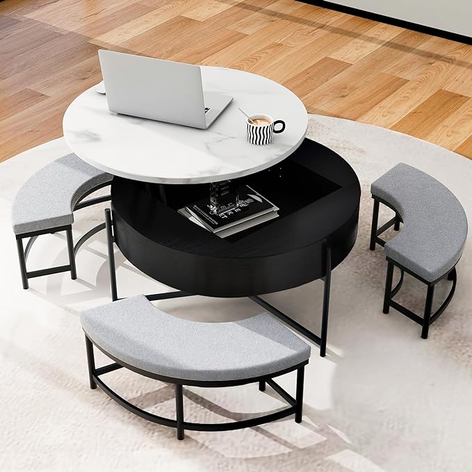 WILLIAMSPACE 31.5" Lift Top Coffee Table Set with Storage & 3 Upholstered Nesting Ottoman, Modern Round Marble Coffee Table Accent Center Table for Living Room, Apartment, White & Black