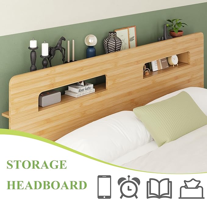 ZIYOO Solid Bamboo Wood King Size Bed Frame with Storage Headboard, 14 inch Platform King Bed Frame No Box Spring Needed with Steel Slats, Sturdy and Stable, Easy Assembly, Noise Free