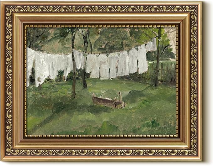 VIYYIEA Gold Framed Wall Art, Drying White Clothes Canvas Print Home Decor Vintage Art Painting Picture Bathroom Wall Decor, Oil Artwork for Living Room Bedroom Kitchen Office - 10L x 8W