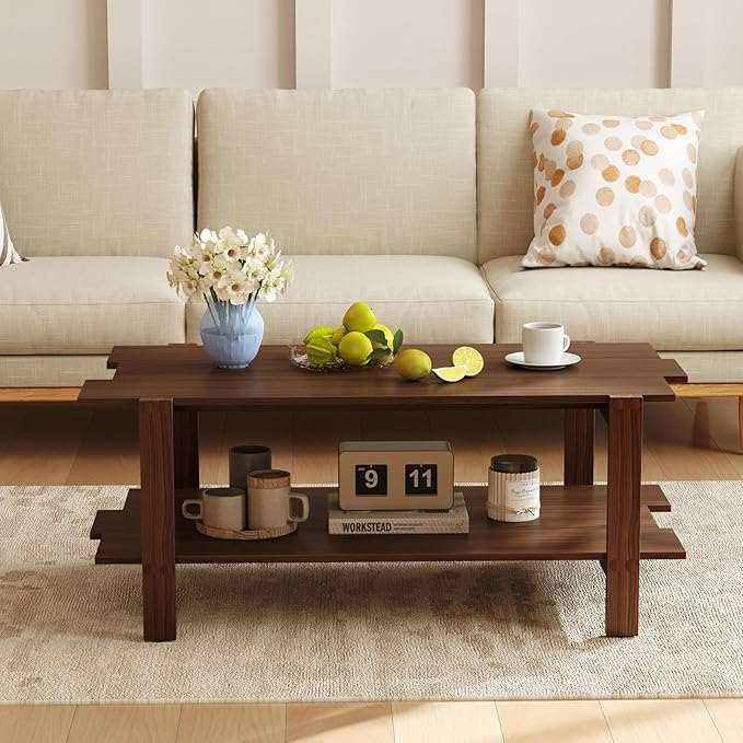 Giantex Coffee Table with Storage, 45 Inch Modern Center Table with Slatted Design & Side Rail Support, Rectangular Living Room Table for Small Spaces, Walnut