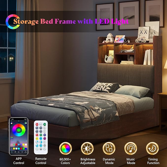 Twin Farmhouse Bed Frame with Bookcase Headboard and 4 Drawers, LED Storage Bed with Charging Station & Linen Upholstered, No Box Spring Needed, Reclaimed Barnwood