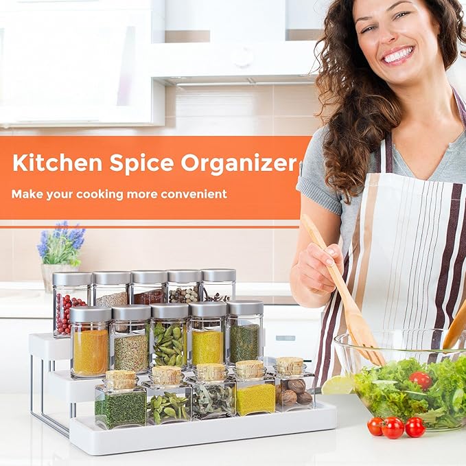 2 Pack Expandable Spice Rack Organizer for Cabinet - 3 Tier Adjustable Cabinet Spice Organizer Easy Visibility - Spice Organizer for Cabinet Countertop Cupboard Pantry Organization (White)