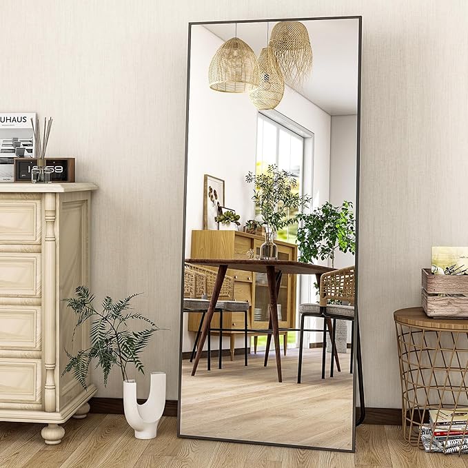 HARRITPURE 21"x56" Full Length Mirror Floor Rectangle Mirrors Aluminum Frame Standing Wall & Leaning Large Dressing Mirror for Living Room Bedroom Cloakroom,Black