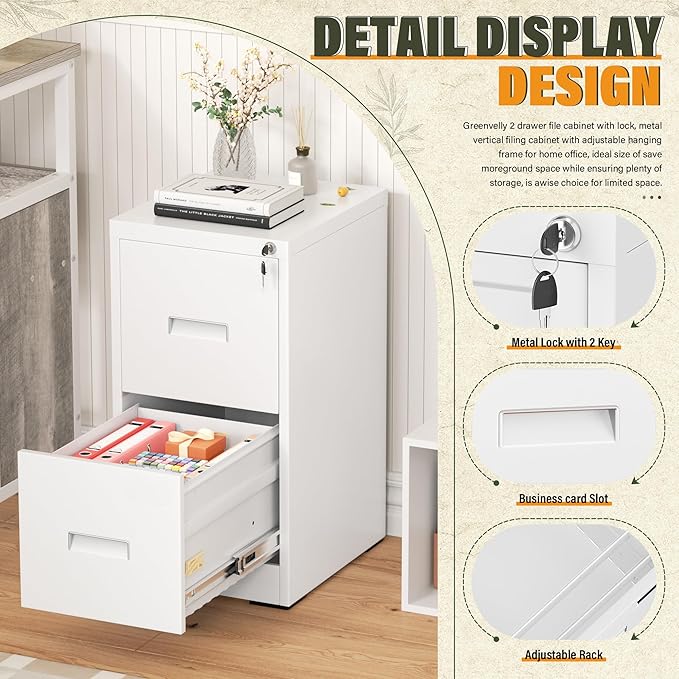 Greenvelly 2 Drawer Metal File Cabinet with Lock, White Vertical Filing Cabinet for Home Office, Lockable Metal File Cabinet for Hanging Letter/Legal Folders, Easy Assemble