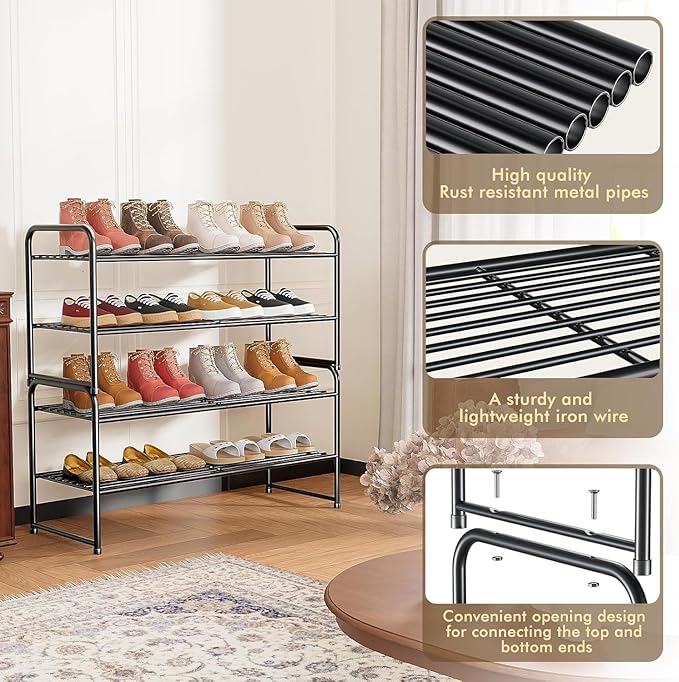 SUFAUY 2 Pack 2-Tier 33" Wide Shoe Rack, Shoe Shelf Storage Organizer for Entryway, Extra Large Capacity, Bedroom Footwear Organizer, Wire Grid, Black