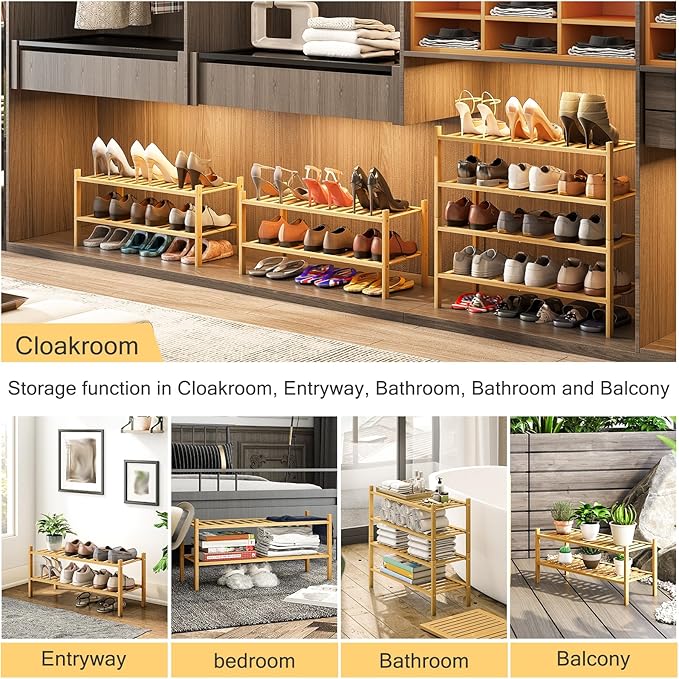 2-Tier Bamboo Shoe Rack for Entryway, Stackable | Heavy Duty | Multi-Function, Free Standing Shoe Racks for Bedroom Hallway Closet