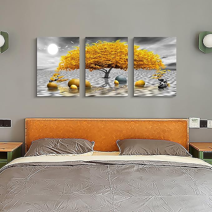 Wall decorations for living room Canvas Wall Art for bedroom Abstract wall decor Black and white Canvas Art Yellow tree paintings bathroom Home Decoration 3 Piece Hang Pictures Office Wall Artworks