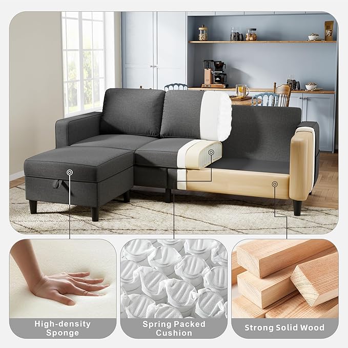 Sectional Sofa Couches for Living Room, Dark Grey 3 Seat L-Shaped Couch with Storage Ottoman, Comfy Linen Convertible Sectionals Sofas with Chaise for Apartment, Office, Small Space