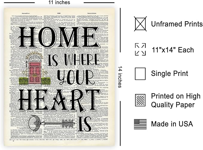 Poster Master Dictionary Art Poster - Home Is Where Your Heart Is Print - Motivational Art - Gift for Men & Women - Inspiring Wall Decor for Dorm, Bedroom or Living Room - 11x14 UNFRAMED Wall Art