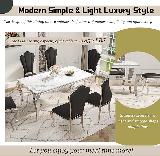 Dining Table Set for 6, 7-Piece Kitchen Table Chairs Set, Modern Dining Room Set with 70'' Marble Dinner Table and 6 Petaloid Backrest Upholstered Chairs for Kitchen, Black & Silver