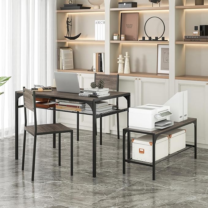 Tangkula Dining Table Set for 4, Kitchen Table and 2 Chairs for 4 with Bench, Additonal Storage Rack, 4 Piece Dining Table Set for Small Space, Apartment