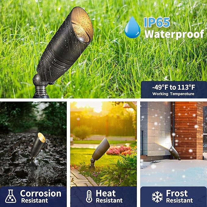 Spot Light Brass - Outdoor Landscape Spotlights LED, 12V Low Voltage Landscaping Uplights Hard-Wired, All Weather Bronze for Backyard Lawn with Warm White Changeable Bulbs (8 Pack)