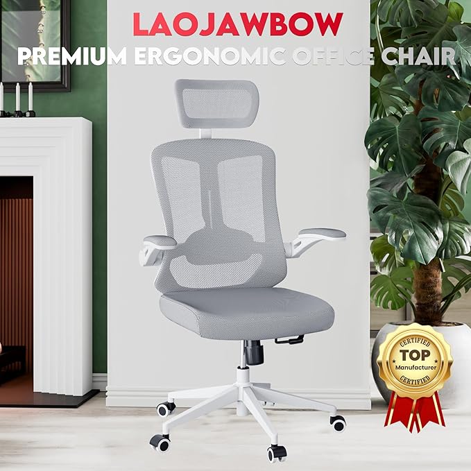 Ergonomic Office Chair - 400LB Comfy Desk Chairs with Headrest and Back Support, Heavy Duty Mesh Computer Chair with Wheels and Arms for Home Office, Study, Bedroom and College Dorm (Grey)