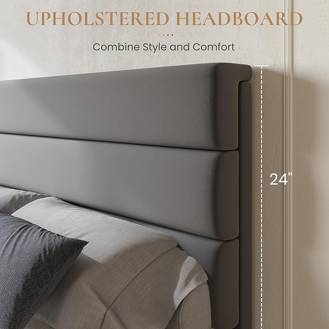 SHA CERLIN King Size Platform Bed Frame with 4 Storage Drawers, Velvet Upholstered Headboard, Mattress Foundation with Wooden Slats Support, No Box Spring Needed, Easy Assembly, Grey