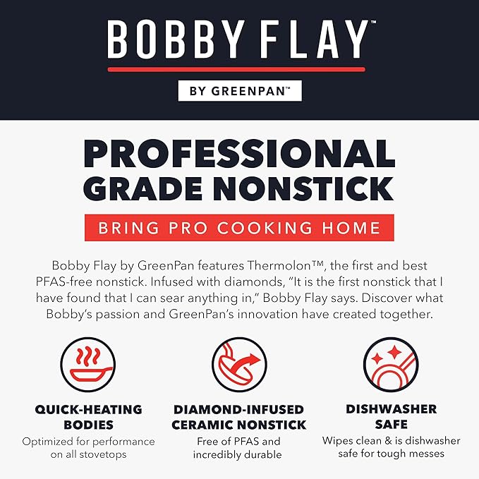 GreenPan x Bobby Flay 10" Nonstick Frying Pan Skillet, PFAS-Free Diamond Ceramic, Induction Suitable, Stay-Cool Silicone Handle, Easy Clean Dishwasher & Oven Safe, Egg & Omelet Pan, Cream