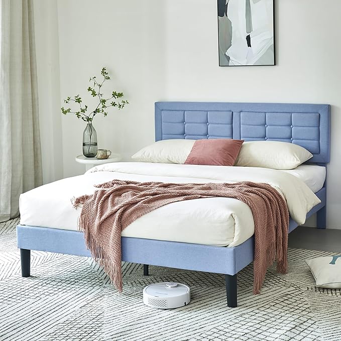 VECELO Full Size Bed Frame with Adjustable Headboard, Upholstered Button Tufted Platform Bedframe with Wood Slats Support, No Box Spring Needed, Light Blue