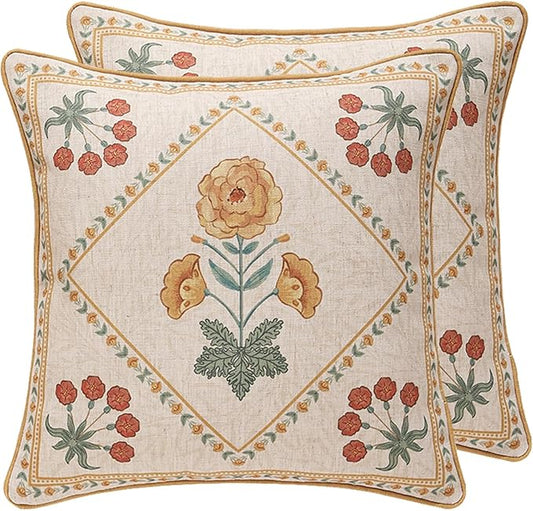patdrea Designer Throw Pillow Covers for Couch 18"x18",Vintage French Linen Pillows Cover with Daisy Floral Pattern,Beige Soft Farmhouse Decorative Square Cushion for Bed,Living Room,Set of 2
