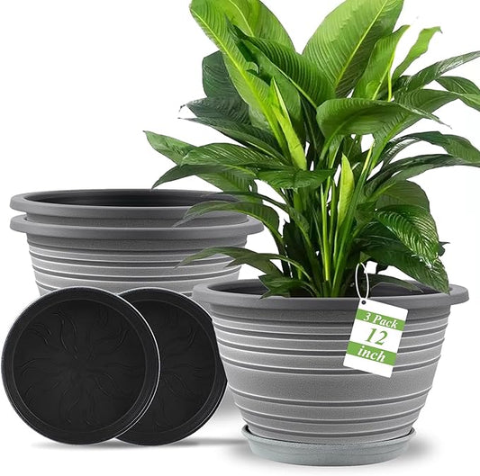 Large-Planter-Indoor-Outdoor Plant Pots, 12 inch 3 Pack Plastic Flower Pots with Saucer and Drainage Holes, Retro Antique Imitation Decorative Garden Containers Sets for Houseplant