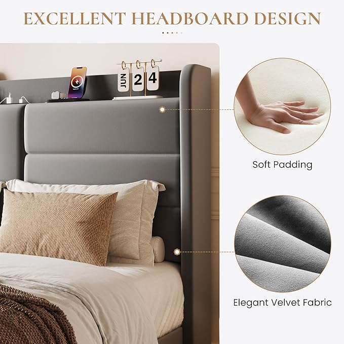 SHA CERLIN Queen Size Bed Frame with Charging Station & Storage Headboard, Velvet Platform Bed with Upholstered Modern Wingback Design, Wooden Slats Support, No Box Spring Needed, Easy Assembly, Grey