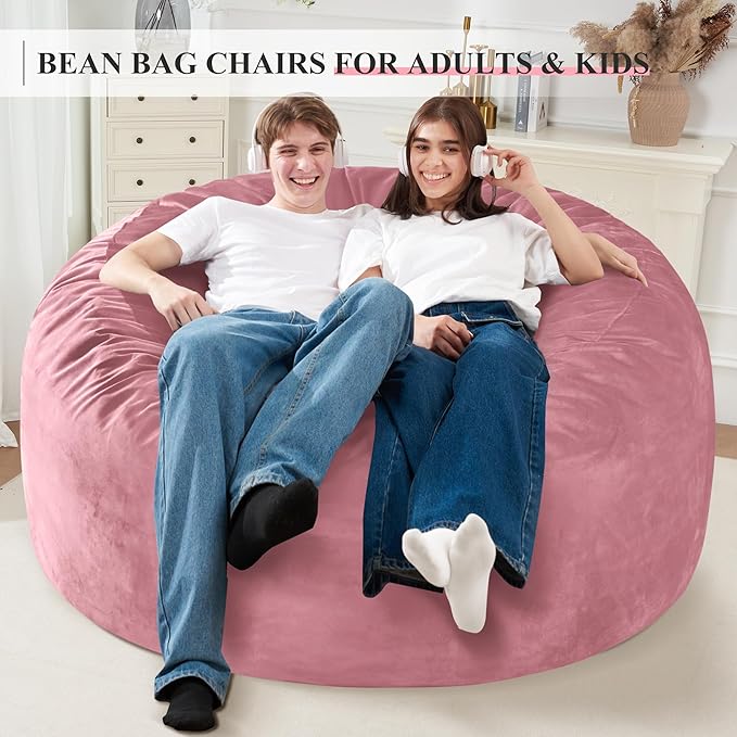 Homguava 5 FT Bean Bag Chair: 5' Bean Bags with Memory Foam Filled, Large Beanbag Chairs Soft Sofa with Dutch Velvet Cover-Dusty Pink