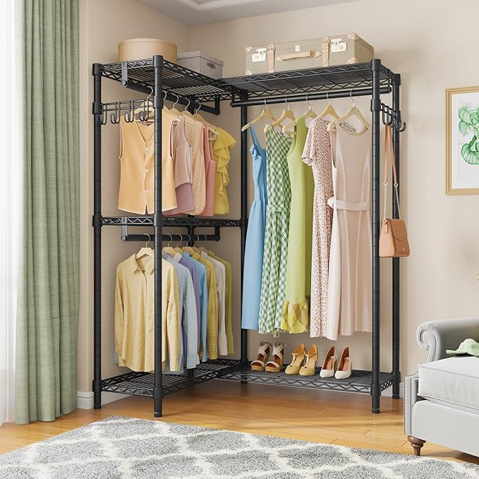 VIPEK L4 Garment Rack L Shaped Clothes Rack for Corner, Freestanding Portable Wardrobe Closet Heavy Duty Clothing Rack with 3 Hanging Rods & 2 Side Hooks, 43.3"Lx29.1"Wx76.4"H, Max Load 810LBS, Black